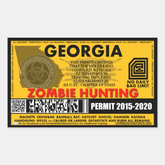 Zombie Jacht Vergunning Georgië Rechthoekige Sticker (Voorkant)