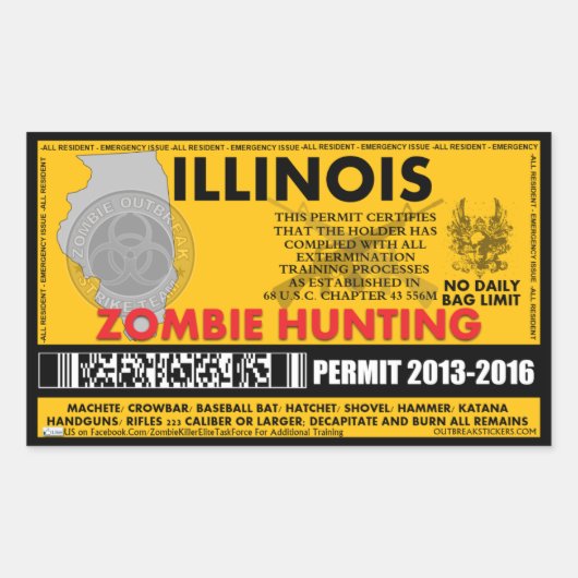 Zombie jacht vergunning Illinois Rechthoekige Sticker (Voorkant)