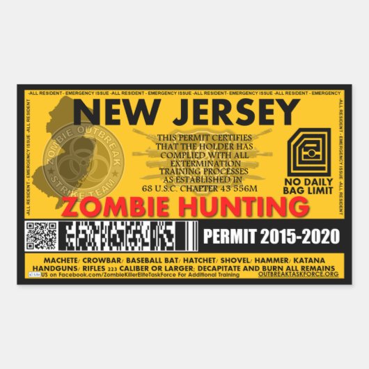 Zombie Jacht Vergunning New Jersey Rechthoekige Sticker (Voorkant)
