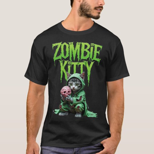 Zombie Kat T-Shirt: Halloween Cat Lover T-shirt (Voorkant)
