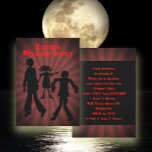 Zombie Kids Birthday Party Invitation Kaart<br><div class="desc">Zombie-partij nodigt uit voor een verjaardag of Halloween. Drie lopende dode zombies op de voorkant met heldere rode, aangepaste tekst voor het soort feest. Voor de rug, pas een paragraaf van tekst voor alle partijinformatie aan. Het rode grunge doopvont wordt gebruikt en over zwarte gedrukt. Het zelfde starburst ontwerp decoreert...</div>