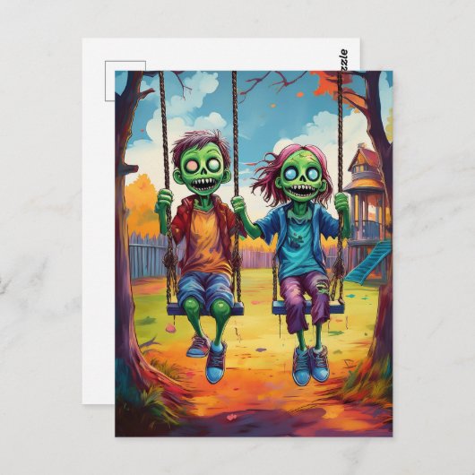 Zombie Kids on Swings in Autumn Playground Briefkaart (Voorkant / Achterkant)