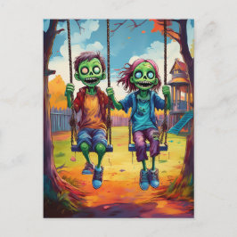Zombie Kids on Swings in Autumn Playground Briefkaart