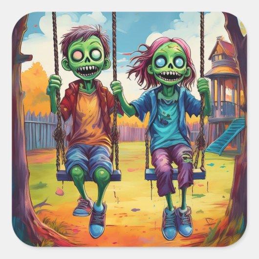 Zombie Kids on Swings in Autumn Playground Vierkante Sticker (Voorkant)