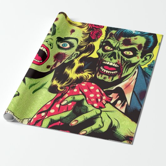 Zombie Koppel Retro Strips Cadeaupapier (Uitgerold)