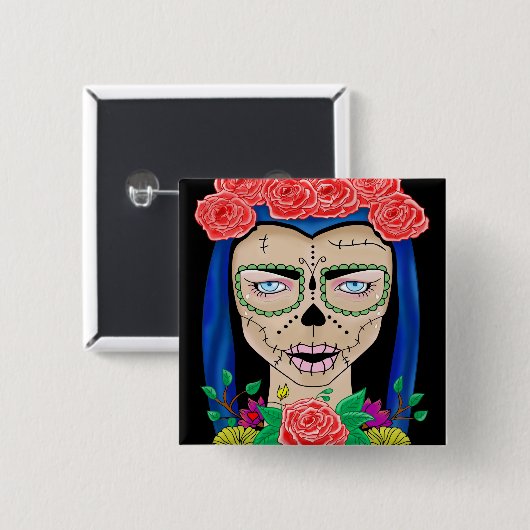 Zombie meisje afbeelding met een kroon rozen vierkante button 5,1 cm (Voorkant /achterkant)
