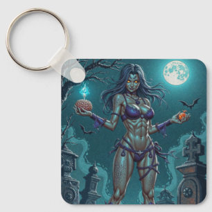Zombie Meisje Biedt Halloween Snoep of Hersenen Aa Sleutelhanger