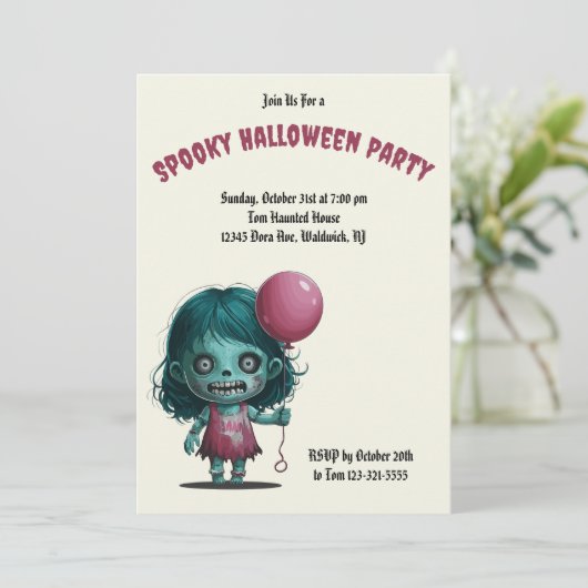 Zombie meisje met ballon. Spooky Halloween Party Kaart (Staand voorkant)