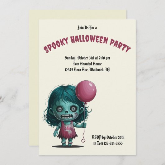 Zombie meisje met ballon. Spooky Halloween Party Kaart (Voorkant / Achterkant)