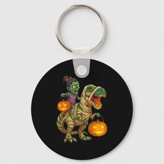 Zombie Meisje Reitend Mummie T Rex Halloween Kinde Sleutelhanger (Voorkant)