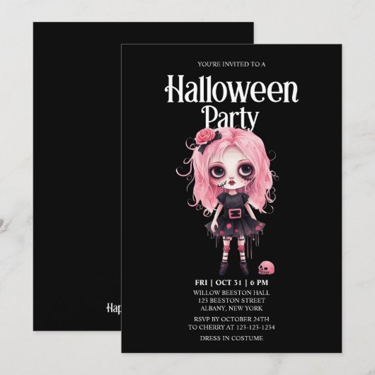 Zombie Meisje Schedel Roze Horror Halloween Party Kaart (Voorkant / Achterkant)