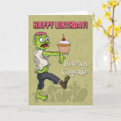 Zombie met een Cupcake Funny Birthday Kaart (Gele Bloem)