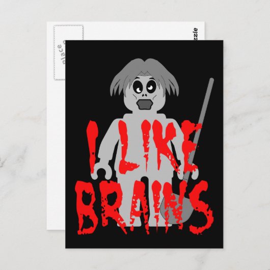 Zombie Minifig 'I like Brains' Briefkaart (Voorkant / Achterkant)
