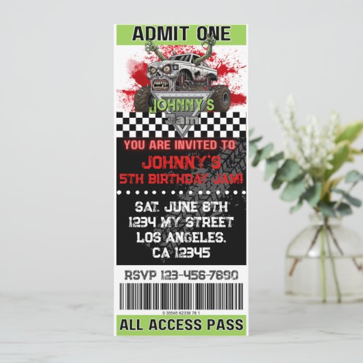 Zombie Monster Truck Ticket Verjaardag Uitnodiging (Staand voorkant)