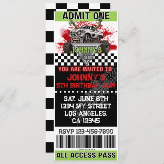 Zombie Monster Truck Ticket Verjaardag Uitnodiging (Voorkant / Achterkant)