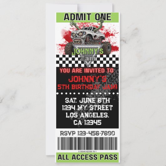 Zombie Monster Truck Ticket Verjaardag Uitnodiging (Voorkant)