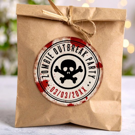 Zombie outbreak party with skull ronde sticker