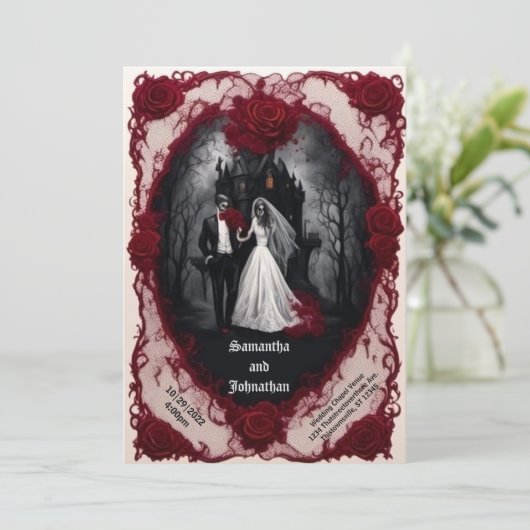 Zombie paar met spookhuis Gothic bruiloft Kaart (Staand voorkant)