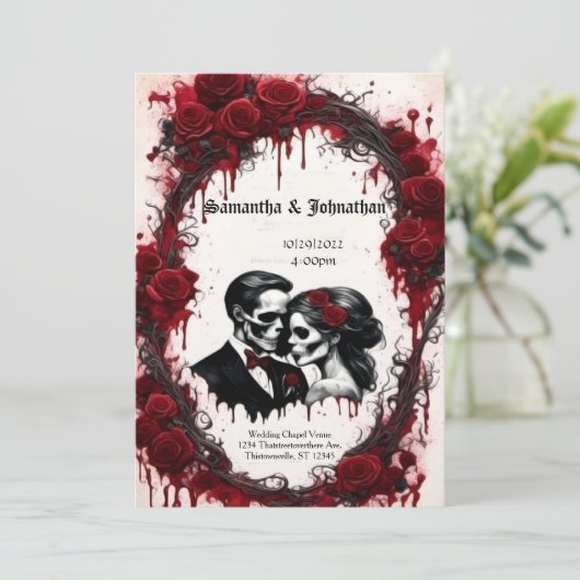 Zombie paar schedels en Rozen Gothic bruiloft Kaart (Staand voorkant)