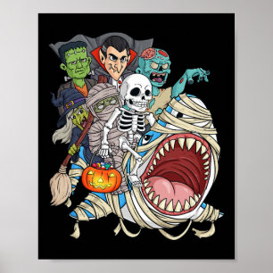 Zombie Rijden Mummy Shark Vampire Halloween Pumpki Poster