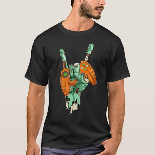 Zombie Rock Hand Holding Pumkpin Gaming Controller T-shirt (Voorkant)