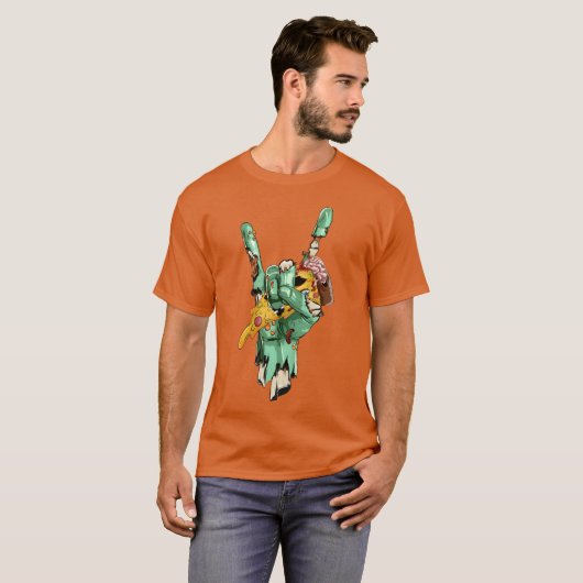Zombie Rock Hand Holding Zombie Pizza Halloween fr T-shirt (Voorkant volledig)