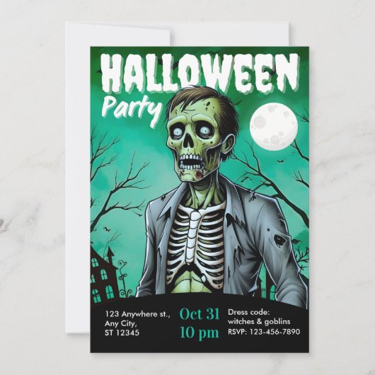 Zombie Skeleton Halloween Party Invite Adults Kaart (Voorkant)