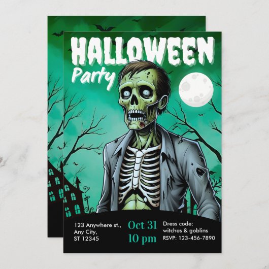 Zombie Skeleton Halloween Party Invite Adults Kaart (Voorkant / Achterkant)
