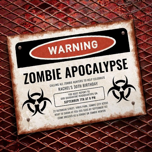 Zombie-thema feestuitnodiging met waarschuwingstek kaart