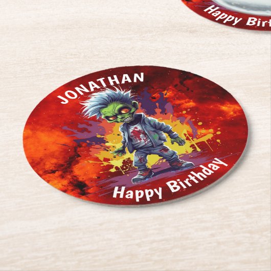 Zombie-thema jongen verjaardag ronde kartonnen onderzetter (Gebogen)