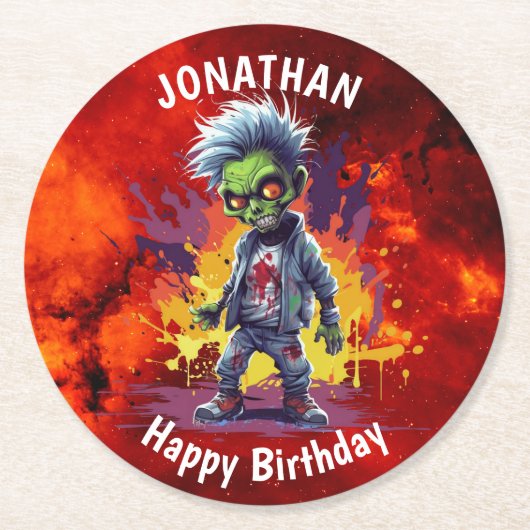 Zombie-thema jongen verjaardag ronde kartonnen onderzetter (Voorkant)