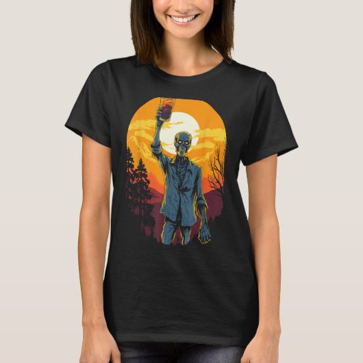 Zombie viert gelukkige zonsondergang Halloween Moo T-shirt (Voorkant)