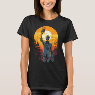 Zombie viert gelukkige zonsondergang Halloween Moo T-shirt