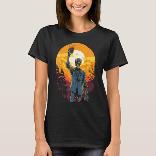 Zombie viert gelukkige zonsondergang Halloween Moo T-shirt (Voorkant)