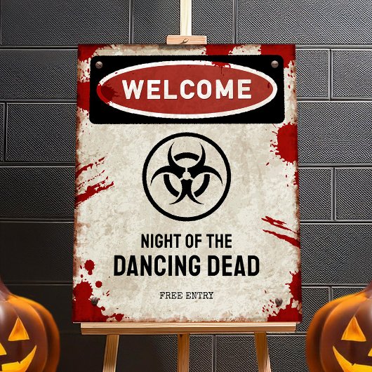 Zombiefeest bord met bloed & biohazard symbool poster