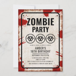 Zombiefeest met biohazard-iconen en bloedvlekken kaart