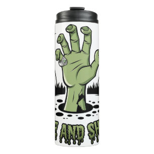 Zombiehand rijst op Halloweendesign Leuk en eng Thermosbeker