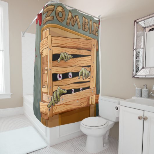 Zombies achter de houten deur douchegordijn (In situ)