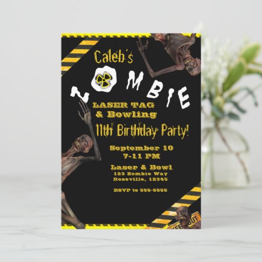 Zombies geel en zwart verjaardagsfeestje kaart (Staand voorkant)