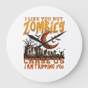 Zombies Jagen Ons Halloween Kerkhof Halve Maan Grote Klok