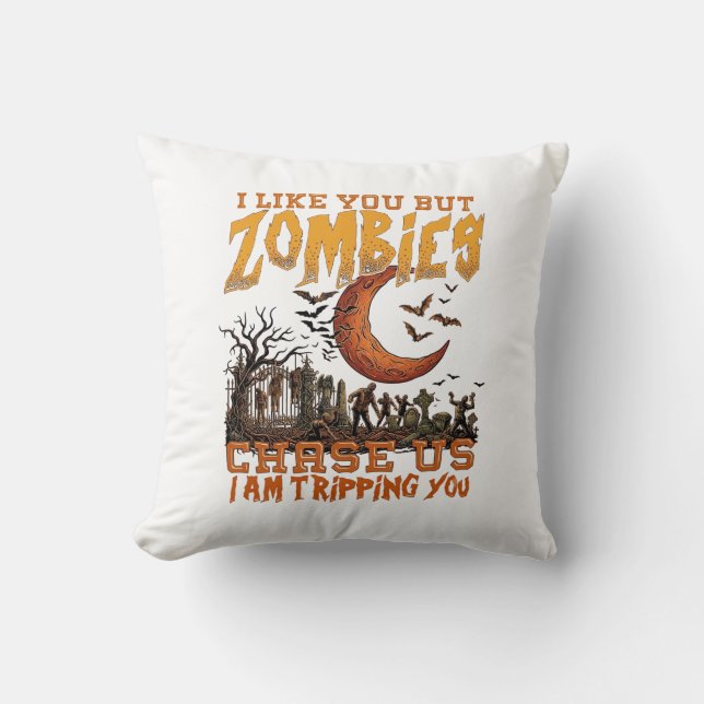 Zombies Jagen Ons Halloween Kerkhof Halve Maan Kussen (Voorkant)