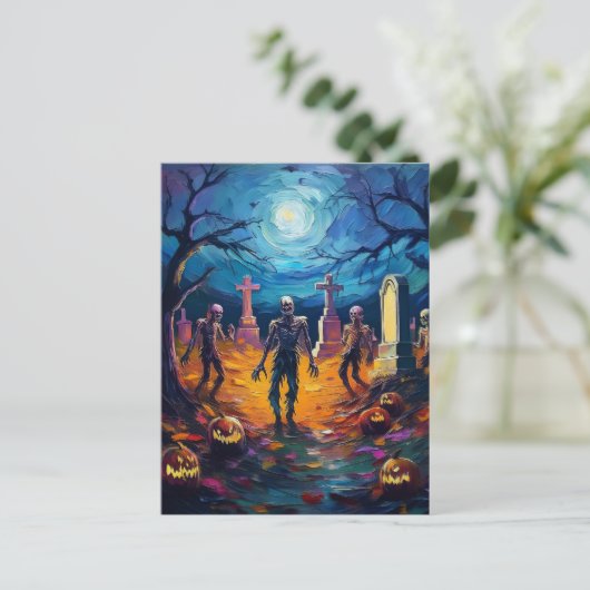 Zombies Rising in Moonlit Graveyard with Pumpkins Briefkaart (Staand voorkant)