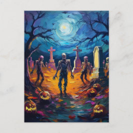 Zombies Rising in Moonlit Graveyard with Pumpkins Briefkaart