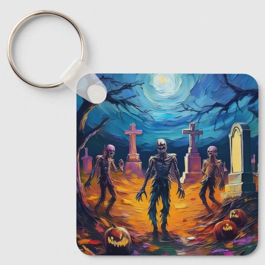 Zombies Rising in Moonlit Graveyard with Pumpkins Sleutelhanger (Voorkant)