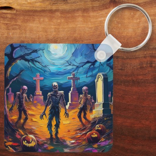 Zombies Rising in Moonlit Graveyard with Pumpkins Sleutelhanger (Achterkant)