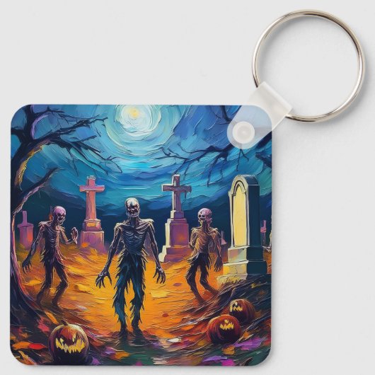 Zombies Rising in Moonlit Graveyard with Pumpkins Sleutelhanger (Achterkant)