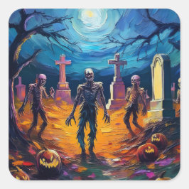 Zombies Rising in Moonlit Graveyard with Pumpkins Vierkante Sticker