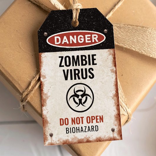Zombievirus favor label met roestig gevaar teken cadeaulabel