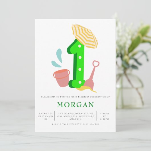 Zomdag Beach Gender Neutral 1st Birthday Party Kaart (Staand voorkant)