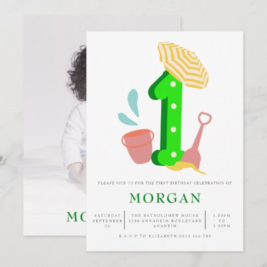 Zomdag Beach Gender Neutral 1st Birthday Party Kaart (Voorkant / Achterkant)